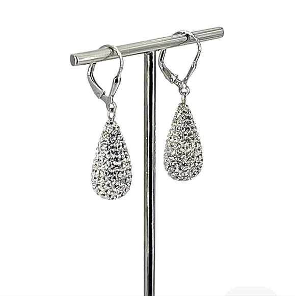 Vintage Silver Plated Crystal Pave Satin Teardrop Lever Wire Earrings - Picture 1 of 5